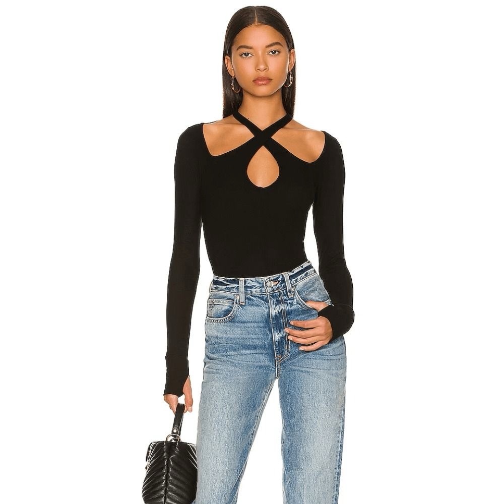 ASTR Black Ribbed Sweater with Criss Cross Front Detail